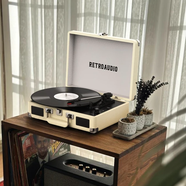 Alt view image 6 of 7 - Portable Bluetooth Vintage Vinyl Record Player Turntable 3-speed belt-driven vinyl player, dual built-in stereo speakers, RCA & AUX output, portable suitcase phonograph