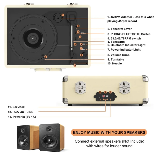 Alt view image 7 of 7 - Portable Bluetooth Vintage Vinyl Record Player Turntable 3-speed belt-driven vinyl player, dual built-in stereo speakers, RCA & AUX output, portable suitcase phonograph