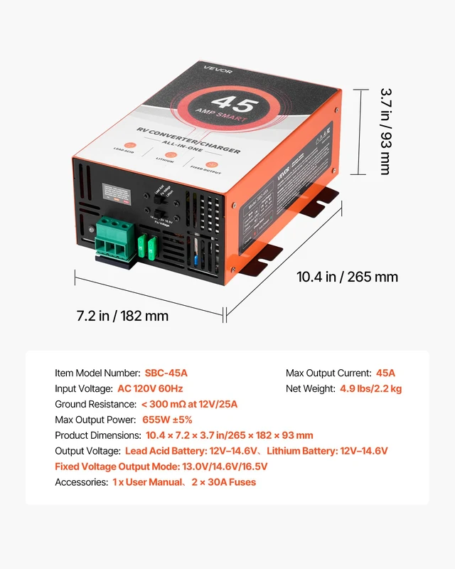 Alt view image 7 of 7 - RV Power Converter, 45 Amp, 110V AC to 12V DC RV Converter Battery Charger, Multi Stage Smart Charging, 13V to 16.5V Operating Range, Compatible with Lithium & Lead Acid Battery, for Camper