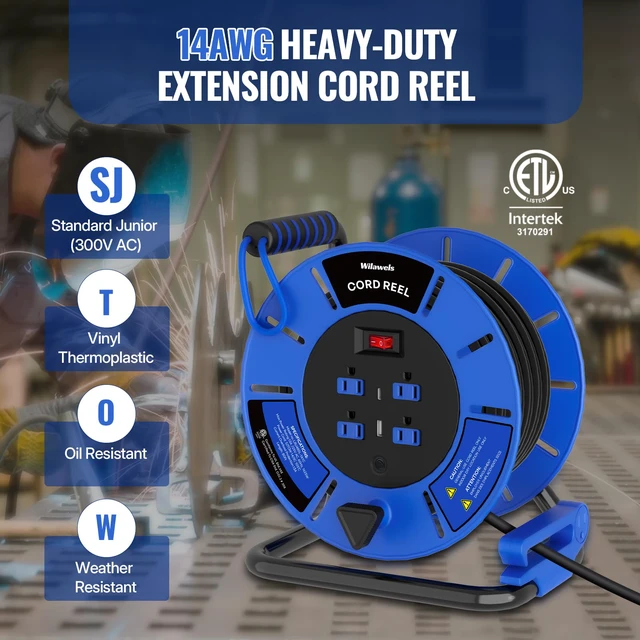 Alt view image 2 of 7 - 80 FT Retractable Extension Cord Reel, 14AWG Heavy Duty Power Cord with 4 Grounded Outlets, USB-A & USB-C Ports, 13A 1625W, Portable Hand Crank for Indoor Outdoor Use, ETL Listed U80ACR06