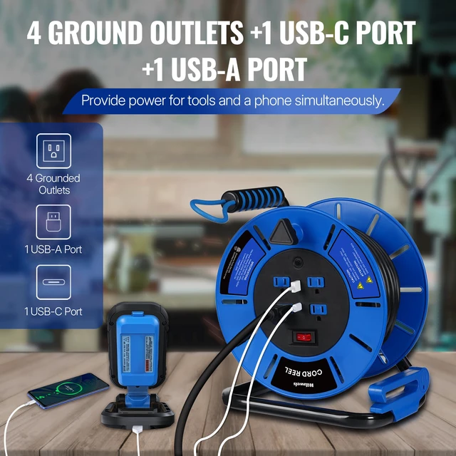 Alt view image 4 of 7 - 80 FT Retractable Extension Cord Reel, 14AWG Heavy Duty Power Cord with 4 Grounded Outlets, USB-A & USB-C Ports, 13A 1625W, Portable Hand Crank for Indoor Outdoor Use, ETL Listed U80ACR06
