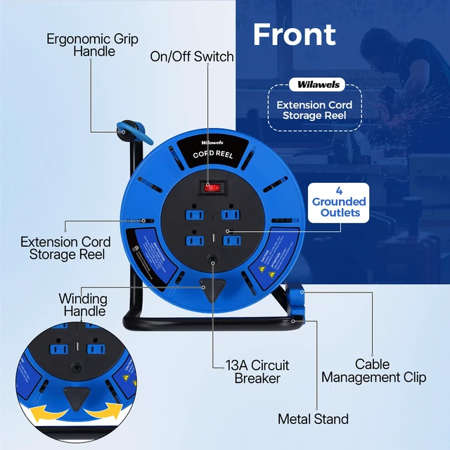 Alt view image 7 of 7 - 80 FT Retractable Extension Cord Reel, 14AWG Heavy Duty Power Cord with 4 Grounded Outlets, USB-A & USB-C Ports, 13A 1625W, Portable Hand Crank for Indoor Outdoor Use, ETL Listed U80ACR06