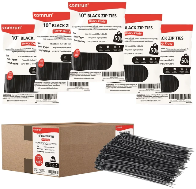 Main image of 5000pcs 10Inch Black Cable Tie,Nylon Zip Ties,Industrial Grade,50 Pounds Tensile Strength,UV Resistant,Heavy Duty,for Home,Garden Trellis,Office,Garage and Workshop