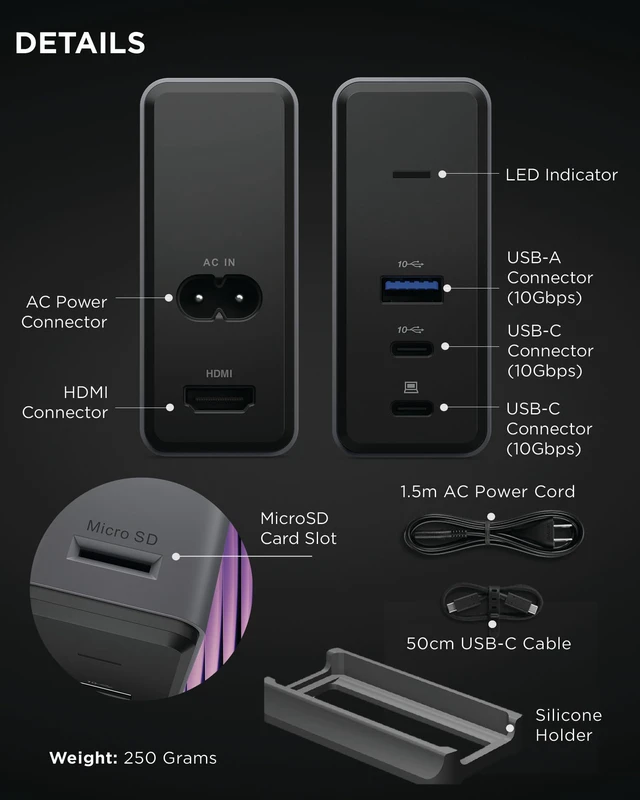 Alt view image 7 of 7 - GaN Charging Dock, Multiport Docking Station w/ 60W PD, HDMI, USB-C, USB-A, Micro SD, Power Adapter & Dock in One, Compact Design, Sustainable Materials, Home Office Gaming Dock Stand Console