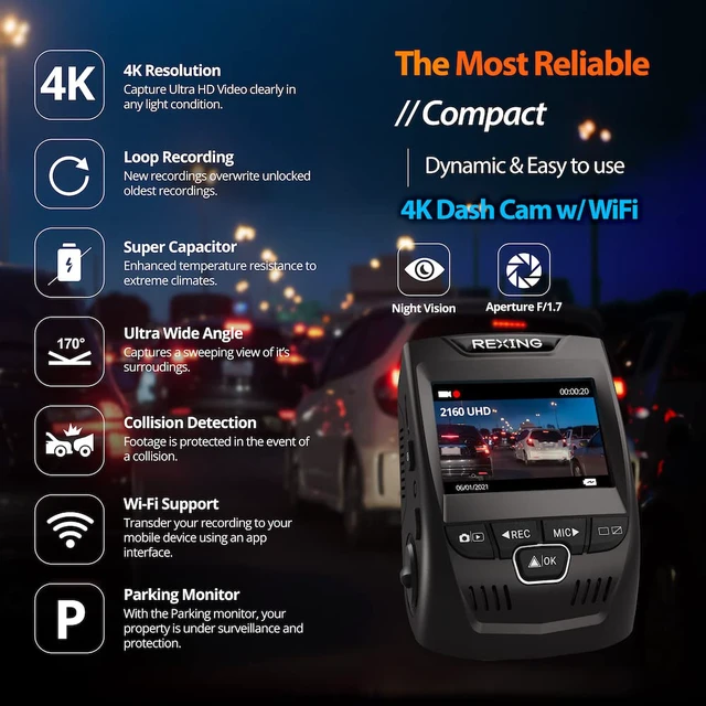 Alt view image 2 of 7 - V1 - 4K Ultra HD Car Dash Cam 2.4" LCD Screen, Wi-Fi, 170° Wide Angle Dashboard Camera Recorder with G-Sensor, WDR, Loop Recording, Supercapacitor, Mobile App, 256GB Supported