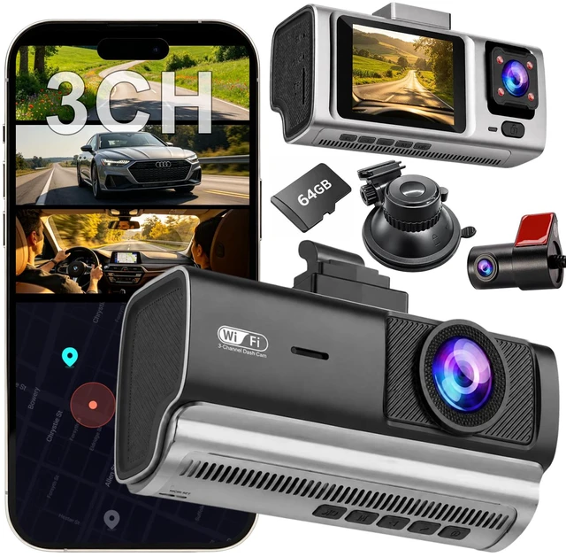 Main image of 3 Channel Dash Cam Front and Rear Inside,Dash Camera for Cars,Free 64GB Card,Dashcam with WiFi,APP Control,Parking Monitor,Night Vision,Loop Recording