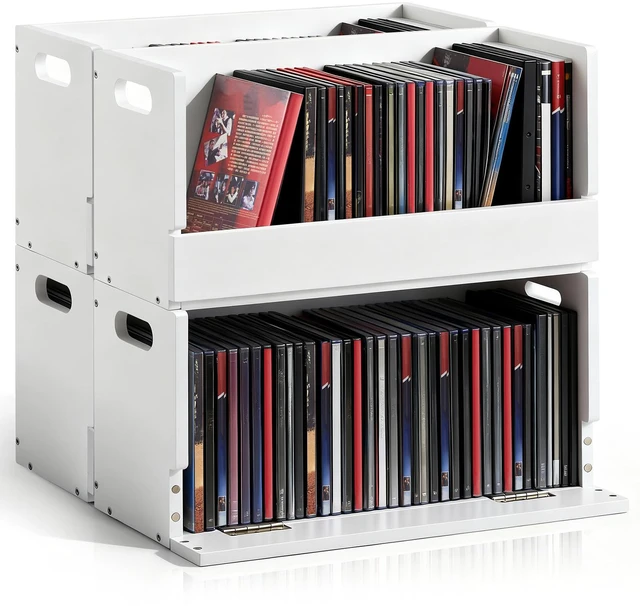 Main image of 4 Pack Wooden DVD Storage Shelf,Holds 104 DVDs 26 Each, White Solid Wood Media Organizer with Magnetic Front Flap Carry Handles for DVDs, CDs, Discs, Movie Cases and Cassette Tape