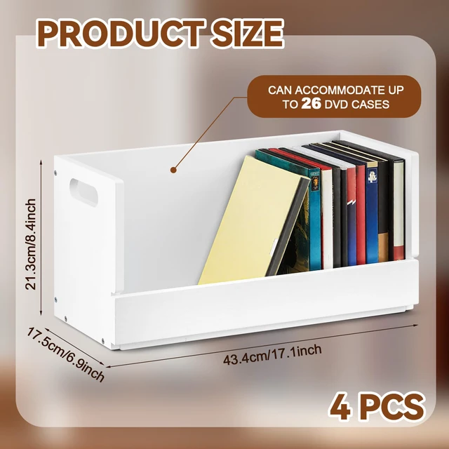 Alt view image 2 of 7 - 4 Pack Wooden DVD Storage Shelf,Holds 104 DVDs 26 Each, White Solid Wood Media Organizer with Magnetic Front Flap Carry Handles for DVDs, CDs, Discs, Movie Cases and Cassette Tape