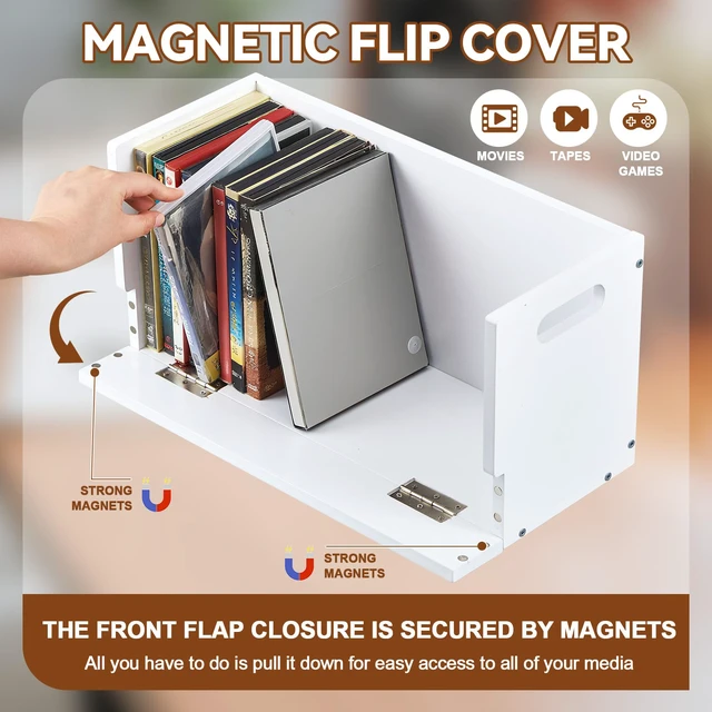 Alt view image 3 of 7 - 4 Pack Wooden DVD Storage Shelf,Holds 104 DVDs 26 Each, White Solid Wood Media Organizer with Magnetic Front Flap Carry Handles for DVDs, CDs, Discs, Movie Cases and Cassette Tape