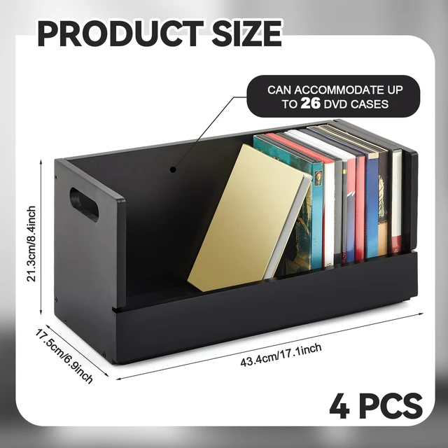 Alt view image 2 of 7 - 4 Pack Wooden DVD Storage Shelf,Holds 104 DVDs 26 Each, Black Solid Wood Media Organizer with Magnetic Front Flap Carry Handles for DVDs, CDs,Discs, Movie Cases and Cassette Tape