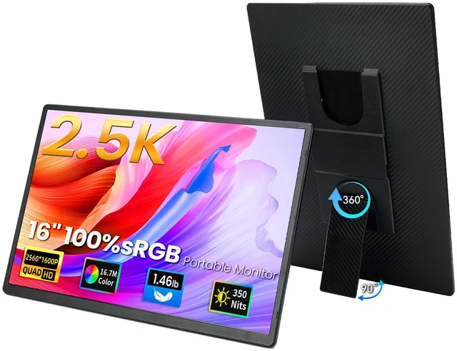 Main image of 16" 2.5K Portable Monitor - QHD Laptop Screen Extender 100% sRGB Wide Color HDMI/USB C/USB A Travel External Display Stand Gaming Monitor for PC Windows MAC Computer Switch Phone Xbox PS4/5