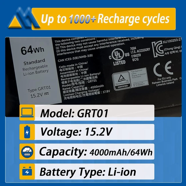 Alt view image 2 of 7 - 64Wh GRT01 Laptop Battery Replacement for Dell Latitude 15 5521 5531 14 5421 5431 Precision 3470 3561 3571 Alienware m17 R5 AMD Series R05P0 00P3TJ 0P3TJ VXD57 05RGW 9JRV0 15.2V 4000mAh 4-Cells