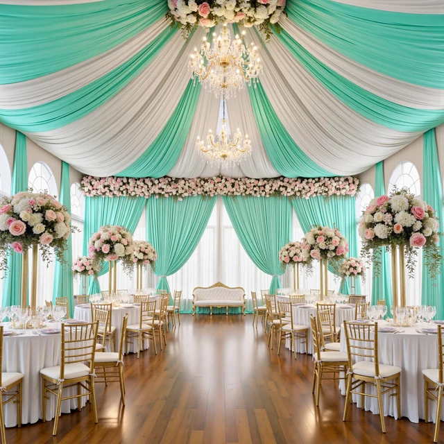 Alt view image 3 of 7 - 4 Panels 5ft(W) x 20ft(H) Mint Green Ceiling Drapes for Wedding Parties 20 FT Extra Long Thick Polyester Wrinkle-Free Drapery Tent Decor Decorations for Birthday Ceremony Stage Swag