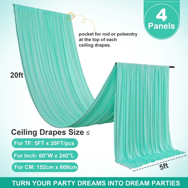 Alt view image 6 of 7 - 4 Panels 5ft(W) x 20ft(H) Mint Green Ceiling Drapes for Wedding Parties 20 FT Extra Long Thick Polyester Wrinkle-Free Drapery Tent Decor Decorations for Birthday Ceremony Stage Swag