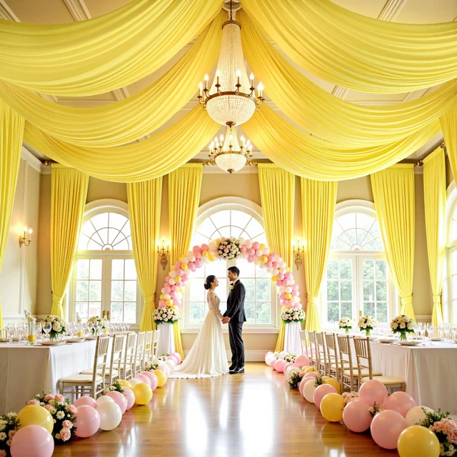 Main image of 4 Panels 5ft(W) x 20ft(H) Yellow Ceiling Drapes for Wedding Parties 20 FT Extra Long Thick Polyester Wrinkle-Free Drapery Tent Decor Decorations for Birthday Ceremony Stage Swag