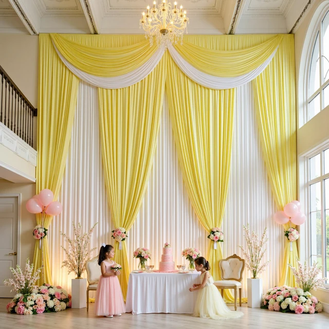 Alt view image 5 of 7 - 4 Panels 5ft(W) x 20ft(H) Yellow Ceiling Drapes for Wedding Parties 20 FT Extra Long Thick Polyester Wrinkle-Free Drapery Tent Decor Decorations for Birthday Ceremony Stage Swag