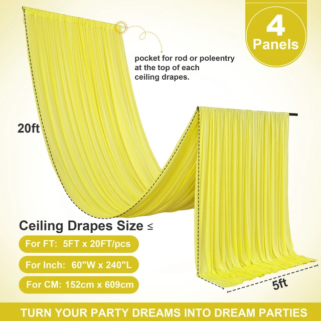 Alt view image 6 of 7 - 4 Panels 5ft(W) x 20ft(H) Yellow Ceiling Drapes for Wedding Parties 20 FT Extra Long Thick Polyester Wrinkle-Free Drapery Tent Decor Decorations for Birthday Ceremony Stage Swag