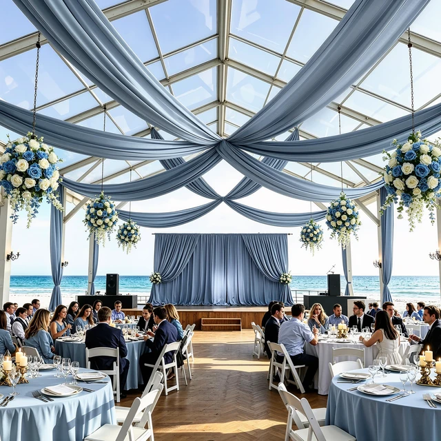 Alt view image 2 of 7 - 4 Panels 5ft(W) x 20ft(H) Dusty Blue Ceiling Drapes for Wedding Parties 20 FT Extra Long Thick Polyester Wrinkle-Free Drapery Tent Decor Decorations for Birthday Ceremony Stage Swag