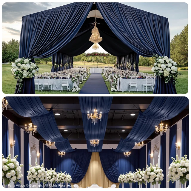Alt view image 3 of 7 - 4 Panels 5ft(W) x 20ft(H) Navy Blue Ceiling Drapes for Wedding Parties 20 FT Extra Long Thick Polyester Wrinkle-Free Drapery Tent Decor Decorations for Birthday Ceremony Stage Swag