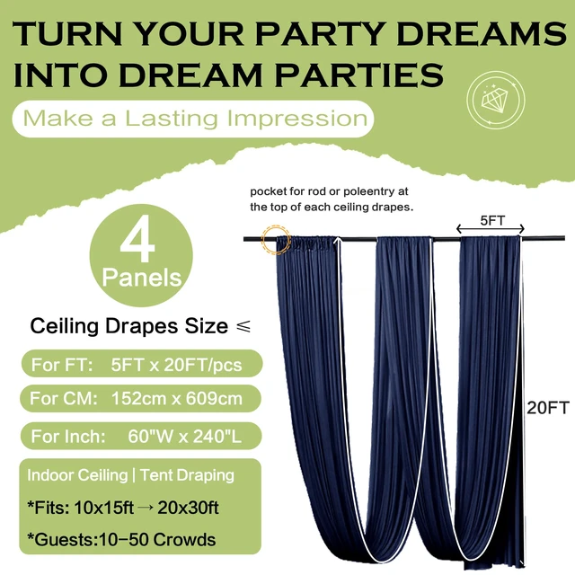 Alt view image 6 of 7 - 4 Panels 5ft(W) x 20ft(H) Navy Blue Ceiling Drapes for Wedding Parties 20 FT Extra Long Thick Polyester Wrinkle-Free Drapery Tent Decor Decorations for Birthday Ceremony Stage Swag