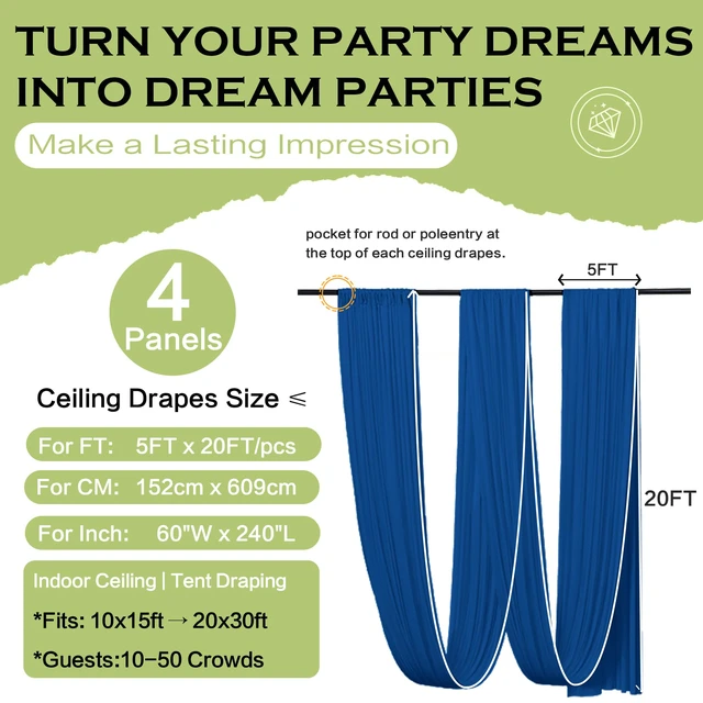 Alt view image 6 of 7 - 4 Panels 5ft(W) x 20ft(H) Royal Blue Ceiling Drapes for Wedding Parties 20 FT Extra Long Thick Polyester Wrinkle-Free Drapery Tent Decor Decorations for Birthday Ceremony Stage Swag