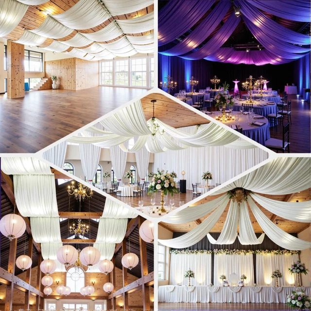 Alt view image 4 of 7 - 4 Panels 5ft(W) x 20ft(H) Ivory Ceiling Drapes for Wedding Parties 20 FT Extra Long Thick Polyester Wrinkle-Free Drapery Tent Decor Decorations for Birthday Ceremony Stage Swag