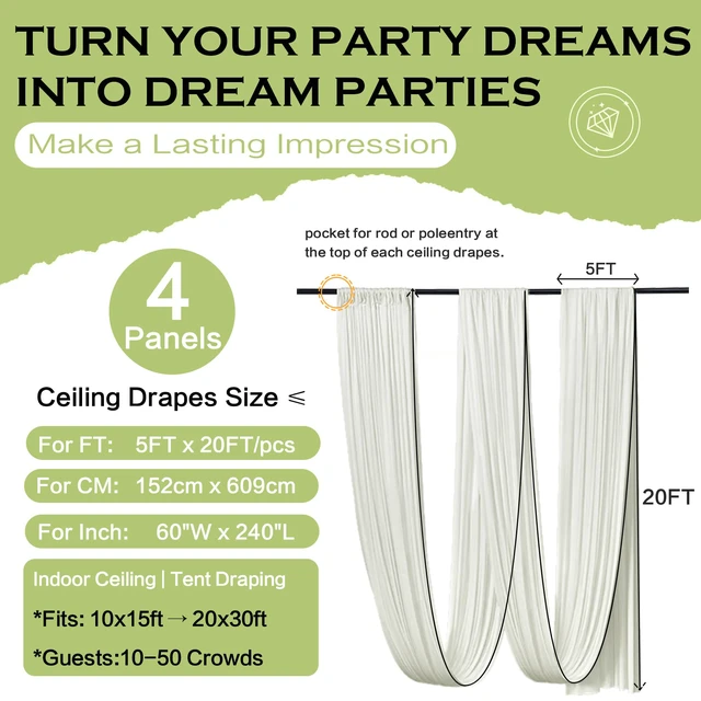 Alt view image 6 of 7 - 4 Panels 5ft(W) x 20ft(H) Ivory Ceiling Drapes for Wedding Parties 20 FT Extra Long Thick Polyester Wrinkle-Free Drapery Tent Decor Decorations for Birthday Ceremony Stage Swag