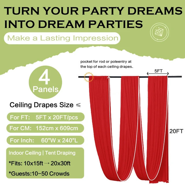 Alt view image 6 of 7 - 4 Panels 5ft(W) x 20ft(H) Red Ceiling Drapes for Wedding Parties 20 FT Extra Long Thick Polyester Wrinkle-Free Drapery Tent Decor Decorations for Birthday Ceremony Stage Swag