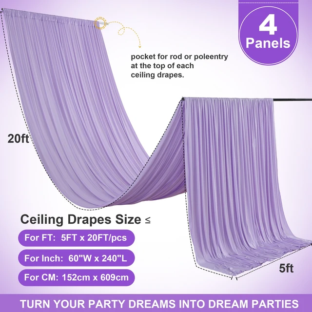 Alt view image 6 of 7 - 4 Panels 5ft(W) x 20ft(H) Light Purple Ceiling Drapes for Wedding Parties 20 FT Extra Long Thick Polyester Wrinkle-Free Lavneder Drapery Tent Canopy for Birthday Ceremony Stage Swag