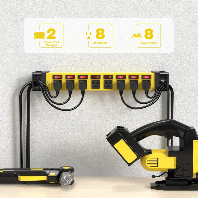 Alt view image 2 of 7 - 8 Outlet Power Strip with Individual Switches Cord Manager 1200J 25FT Wall Mount Heavy Duty Power Strip Home Office Garage Industrial Workbench