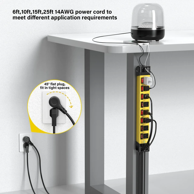 Alt view image 5 of 7 - 8 Outlet Power Strip with Individual Switches Cord Manager 1200J 25FT Wall Mount Heavy Duty Power Strip Home Office Garage Industrial Workbench