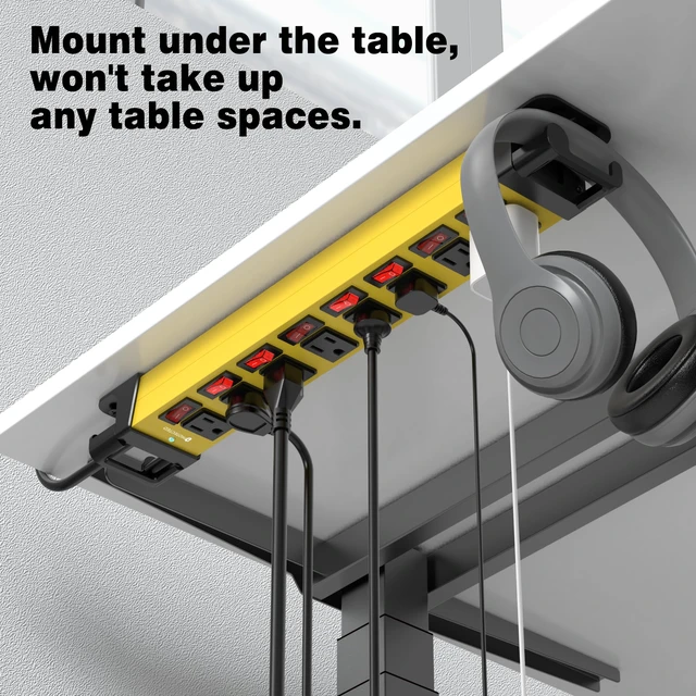 Alt view image 6 of 7 - 8 Outlet Power Strip with Individual Switches Cord Manager 1200J 25FT Wall Mount Heavy Duty Power Strip Home Office Garage Industrial Workbench