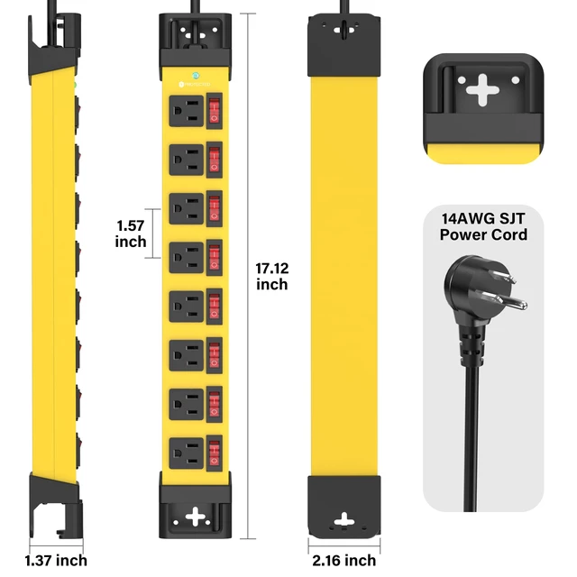 Alt view image 7 of 7 - 8 Outlet Power Strip with Individual Switches Cord Manager 1200J 25FT Wall Mount Heavy Duty Power Strip Home Office Garage Industrial Workbench