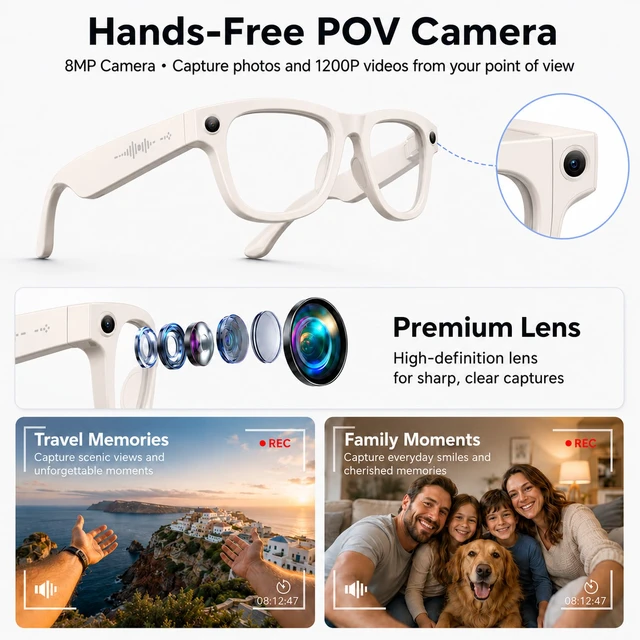Alt view image 5 of 7 - AI Smart Glasses with Camera Stabilization - 8MP POV Video Recording, Real-Time AI Translation, Smart Assistant, Dual-Mic Noise Canceling for Travel & Meetings - Anti-Blue Light, Beige Frame
