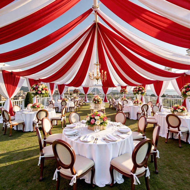 Alt view image 3 of 7 - 10ft×40ft Red Ceiling Drapes for Weddings Parties,2 Panels 5×40ft Extra High Beige Ceiling Curtain for Tent Canopy,Wrinkle Free Draping Elegant Polyester Fabric Drapery for Large Venues Event