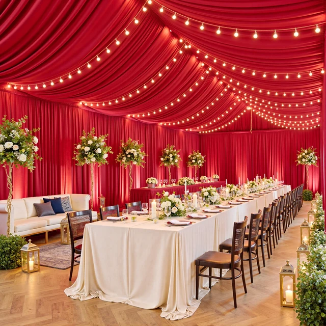 Alt view image 5 of 7 - 10ft×40ft Red Ceiling Drapes for Weddings Parties,2 Panels 5×40ft Extra High Beige Ceiling Curtain for Tent Canopy,Wrinkle Free Draping Elegant Polyester Fabric Drapery for Large Venues Event