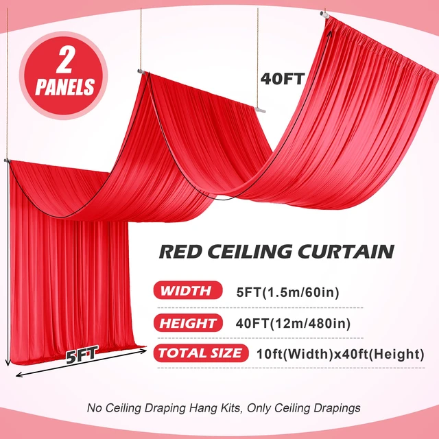 Alt view image 6 of 7 - 10ft×40ft Red Ceiling Drapes for Weddings Parties,2 Panels 5×40ft Extra High Beige Ceiling Curtain for Tent Canopy,Wrinkle Free Draping Elegant Polyester Fabric Drapery for Large Venues Event