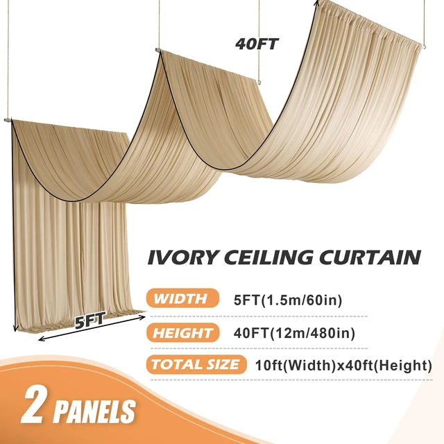 Alt view image 4 of 7 - 10ft×40ft Champagne Ceiling Drapes for Weddings Parties,2 Panels 5×40ft Long Ceiling Curtain for Tent Canopy,Wrinkle Free Silky Easy to Hang&Draping Drapes for Backdrop Event Church Stage