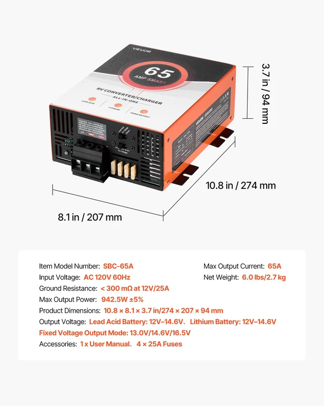 Alt view image 7 of 7 - RV Power Converter, 65 Amp, 110V AC to 12V DC RV Converter Battery Charger, Multi Stage Smart Charging, 13V to 16.5V Operating Range, Compatible with Lithium & Lead Acid Battery, for Camper