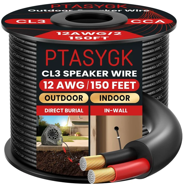 Main image of 12 Gauge Outdoor Speaker Wire 150ft CL3 Direct Burial CCA Cable CL2 Rated, 2 Conductor Stranded Core, UV and Weather Resistant, No Conduit Needed Underground, Garden Patio Pool Audio