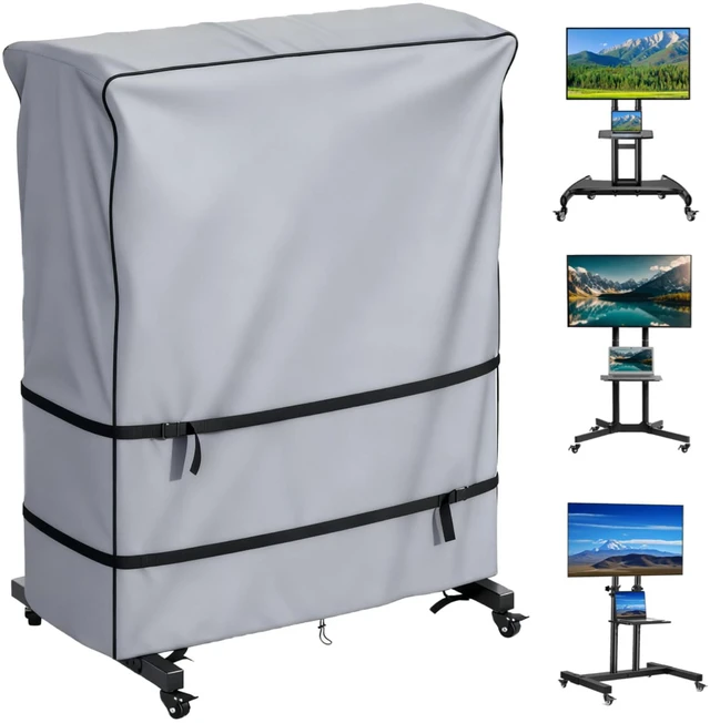 Main image of 60-65 inch outdoor TV trolley cover, courtyard TV cover, Oxford fabric waterproof and dustproof, triple windproof design, compatible with rolling/mobile stand,Grey
