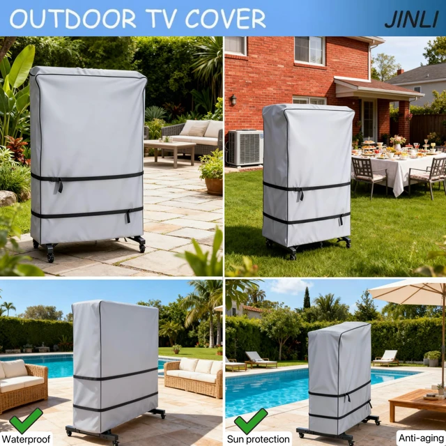 Alt view image 7 of 7 - 60-65 inch outdoor TV trolley cover, courtyard TV cover, Oxford fabric waterproof and dustproof, triple windproof design, compatible with rolling/mobile stand,Grey