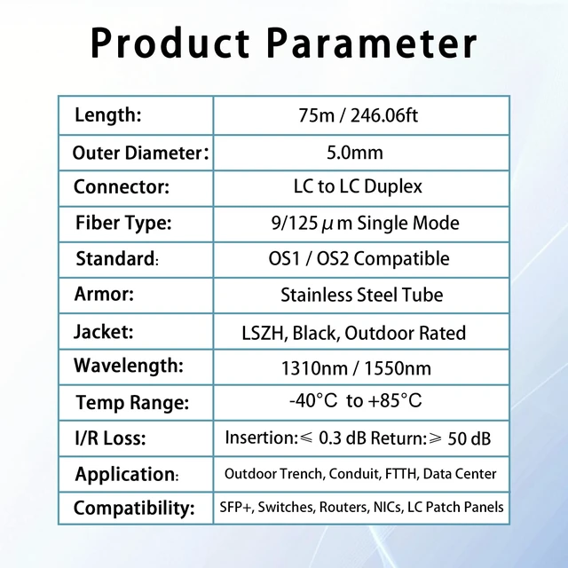 Alt view image 6 of 7 - 75M/246FT LC to LC Armored Outdoor Fiber Optic Cable, Single Mode Duplex 9/125m SMF Fiber Patch Cord, OS1/OS2 Compatible, Black LSZH Jacket, Uniboot Jumper for FTTH, Data Center, Long-Distance Use