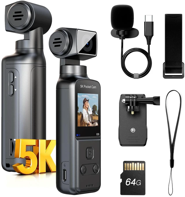 Main image of 5K Body Camera with Microphone, W5 Vlogging Camera, 5K/15FPS and 4K/60FPS with 270° Rotating Lens, External Mic Support, Clip/Strap Options, EIS Stabilization for Meeting, and Daily Use (64GB)