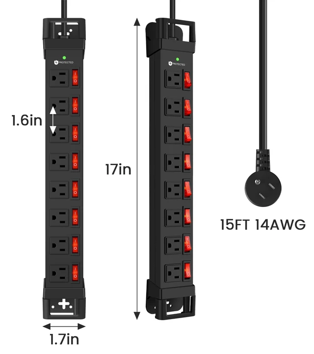 Alt view image 7 of 7 - Heavy Duty Power Strip with 8 Outlets,1200J Surge Protector,Black,15FT Individual Switch with Multiple Outlets,Wall Mount Plug Extender,Grounding,Garage Power Strip