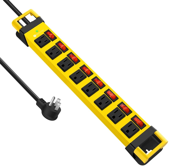 Main image of Heavy Duty Power Strip with 8 Outlets,1200J,Yellow,15FT Individual Switch with Multiple Outlets,Wall Mount Plug Extender, Grounding, Garage Power Strip