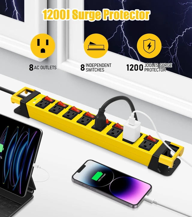 Alt view image 2 of 7 - Heavy Duty Power Strip with 8 Outlets,1200J,Yellow,15FT Individual Switch with Multiple Outlets,Wall Mount Plug Extender, Grounding, Garage Power Strip