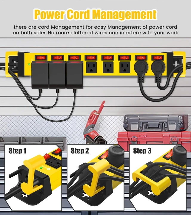 Alt view image 3 of 7 - Heavy Duty Power Strip with 8 Outlets,1200J,Yellow,15FT Individual Switch with Multiple Outlets,Wall Mount Plug Extender, Grounding, Garage Power Strip