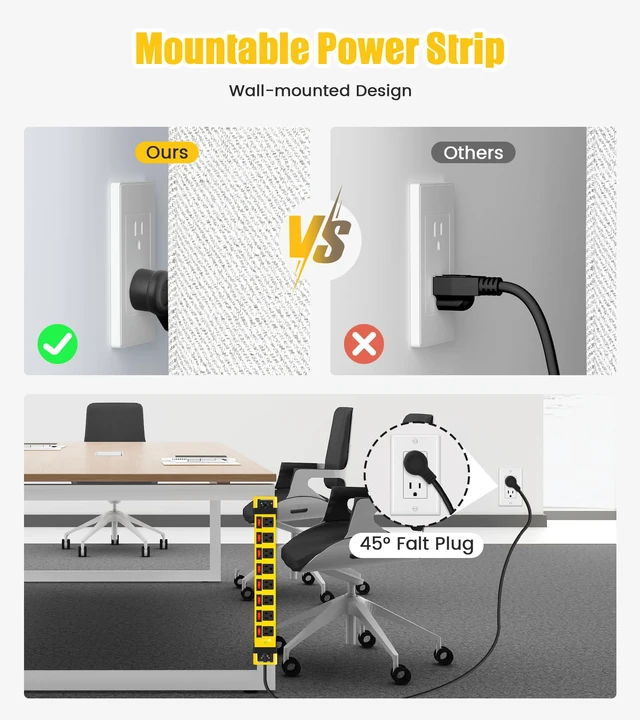 Alt view image 4 of 7 - Heavy Duty Power Strip with 8 Outlets,1200J,Yellow,15FT Individual Switch with Multiple Outlets,Wall Mount Plug Extender, Grounding, Garage Power Strip