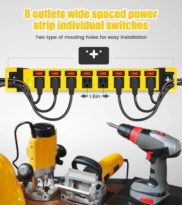 Alt view image 5 of 7 - Heavy Duty Power Strip with 8 Outlets,1200J,Yellow,15FT Individual Switch with Multiple Outlets,Wall Mount Plug Extender, Grounding, Garage Power Strip